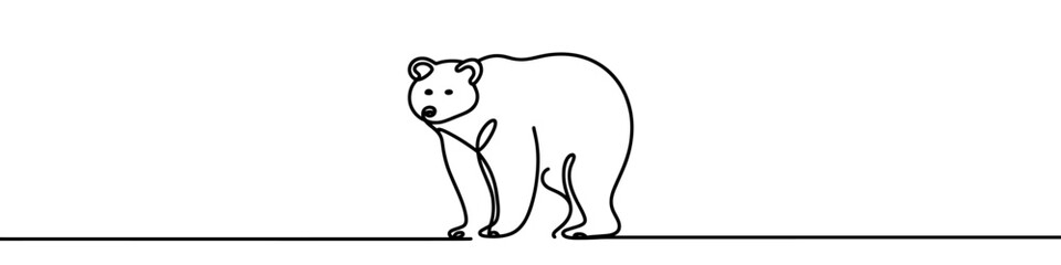 One continuous line illustration of a bear, isolated on white background. Line art of bear