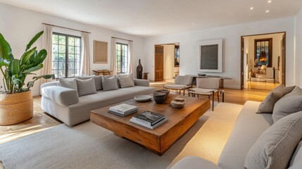 Modern Living Room with Gray Sofa and Wooden Coffee Table