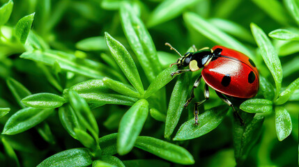 Fototapeta premium A vibrant red ladybug perched on lush green foliage, showcasing the beauty of nature and the delicate balance of ecosystems.