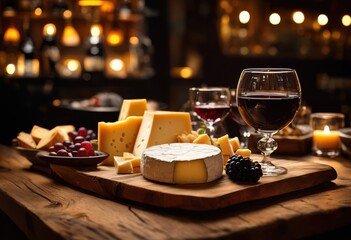 Fototapeta premium elegant display sophisticated glassware complementing gourmet cheese assortment wooden charcuterie board, appetizer, cheeses, crystal, decoration, dining