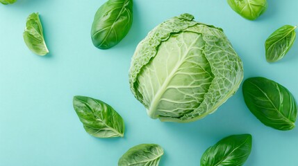 Obraz premium Whole green cabbage with a fresh-cut stem, isolated on a soft blue background with basil leaves scattered