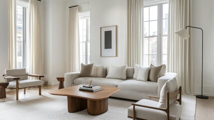 Modern Living Room with White Curtains, Wooden Furniture, and a White Rug