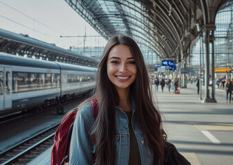 Fototapeta premium Happy smiling beautiful woman on platform waiting for train on warm autumn day.Macro.AI Generative.