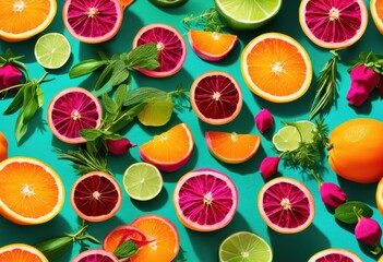 vibrant cocktail garnishes featuring fresh herbs colorful backgrounds showcasing diverse colors textures, fruit, spice, bright, tropical, orange, lemon