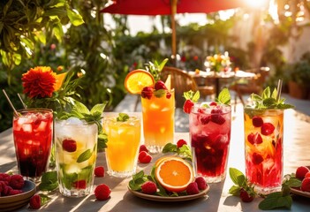 vibrant display iced beverages colorful ingredients refreshing glasses garnished fruits herbs, drink, cocktail, splash, bottle, presentation, healthy, cool