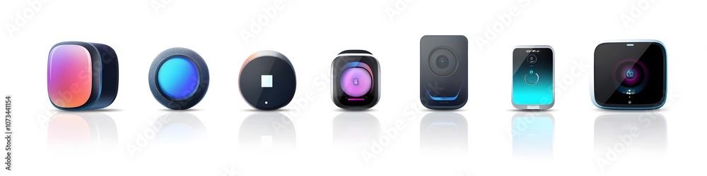 Poster collection of digital home assistants and smart devices, such as a smart speaker and thermostat, dis