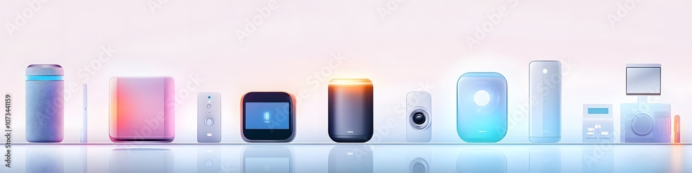 Poster collection of digital home assistants and smart devices, such as a smart speaker and thermostat, dis