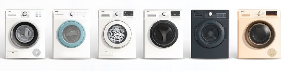 Fototapeta premium A variety of laundry appliances, including a washing machine and dryer in mini versions, arranged side by side on a clean white background. Vector art, 4k resolution, ultra-realistic, white background