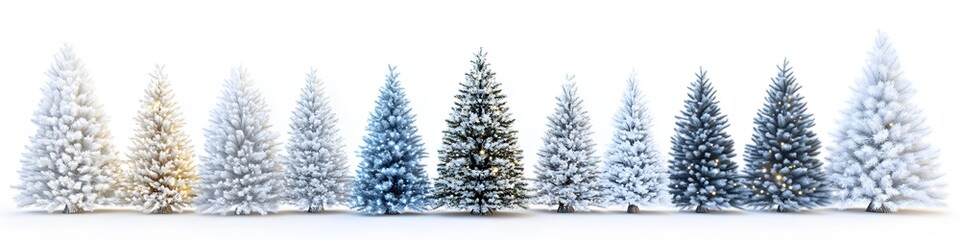 Fototapeta premium Assortment of artificial Christmas trees in frosty silver and blue tones, decorated with snowy effects and sparkling lights, set against a pristine white background. Vector art, 4k resolution,