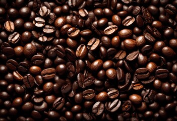 Fototapeta premium rich coffee beans spilling over dark wooden surface creating inviting gourmet display natural textures earthy tones, artisanal, backdrop, beverage, blending