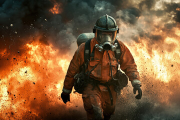 Firefighter in action amidst blazing fire and smoke, wearing protective gear and mask, demonstrating bravery and resilience.