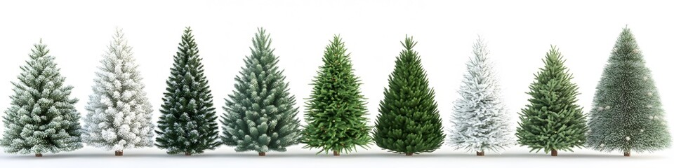 Obraz premium Row of artificial Christmas trees in shades of green and white, each adorned with delicate ornaments, laid out on a pristine white background. Vector art, 4k resolution, ultra-realistic, white