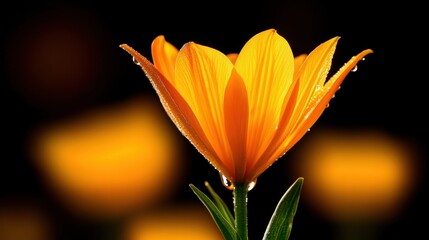 A vibrant orange flower blooms against a dark background, highlighting its delicate petals and green leaves.