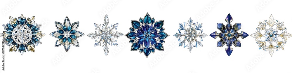 Poster Collection of colorful snowflake ornaments with intricate patterns, each with different shades of blue and silver, lined up on a white background. Vector art, no shadows, 4k resolution, white