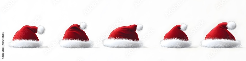 Poster A row of Santa hats in different sizes and designs, each with fluffy white trim and red velvet, displayed on a seamless white background. Vector art, no shadows, 4k resolution, white background