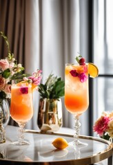vibrant stylish pair colorful cocktails chic modern table bright ambient setting, beverage, drink, refreshment, liquid, glass, bar, styles, party
