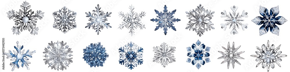 Aufkleber array of glittery snowflake ornaments in silver and blue tones, with intricate patterns, arranged in