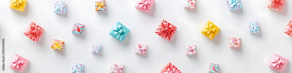 Poster Collection of small gift boxes wrapped in festive paper with colorful bows, arranged in a visually pleasing pattern on a seamless white background. Vector art, no shadows, 4k resolution, white