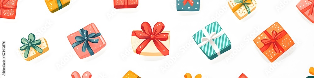 Poster Collection of small gift boxes wrapped in festive paper with colorful bows, arranged in a visually pleasing pattern on a seamless white background. Vector art, no shadows, 4k resolution, white