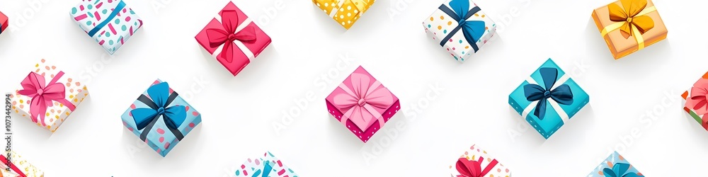 Poster Collection of small gift boxes wrapped in festive paper with colorful bows, arranged in a visually pleasing pattern on a seamless white background. Vector art, no shadows, 4k resolution, white
