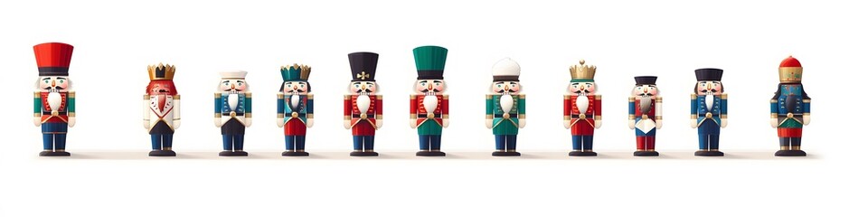 A variety of miniature nutcracker figurines in traditional holiday colors, displayed in a line on a clean white background. Vector art, no shadows, 4k resolution, white background