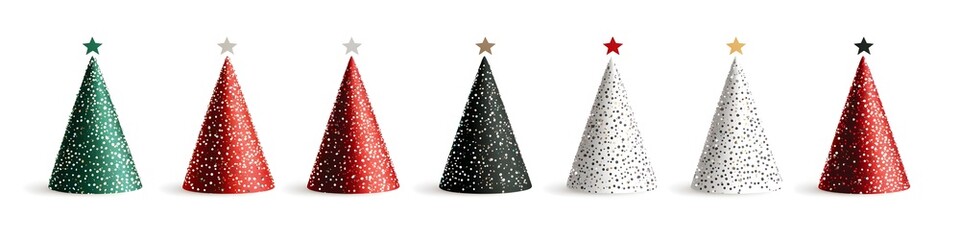 Collection of small Christmas party hats in red, green, and silver, each with festive details like glitter and tiny stars, displayed in a row on a pure white background. Vector art, no shadows, 4k