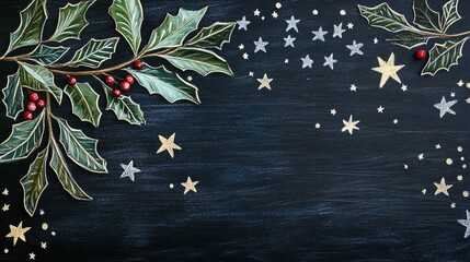 Background featuring hand-drawn mistletoe and holly leaves on chalkboard paint, with small chalk stars sprinkled around