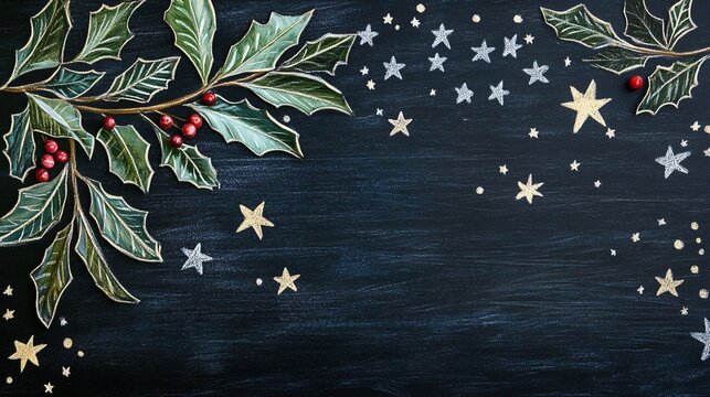 Background featuring hand-drawn mistletoe and holly leaves on chalkboard paint, with small chalk stars sprinkled around