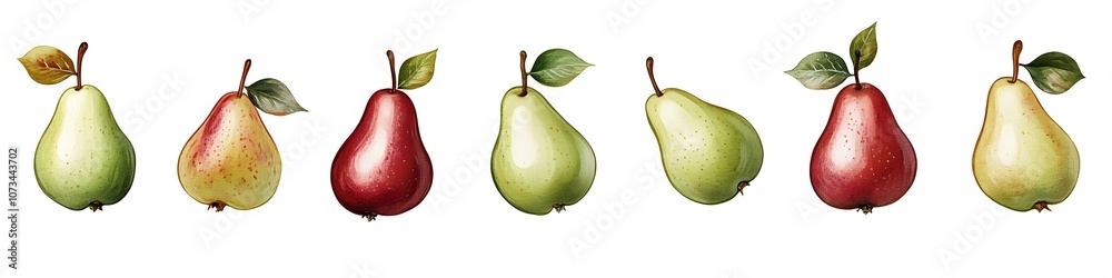 Poster Array of pears in green and red shades, each with realistic stems and subtle texture details, arranged on a pure white background. Vector art, no shadows, 4k resolution, white background