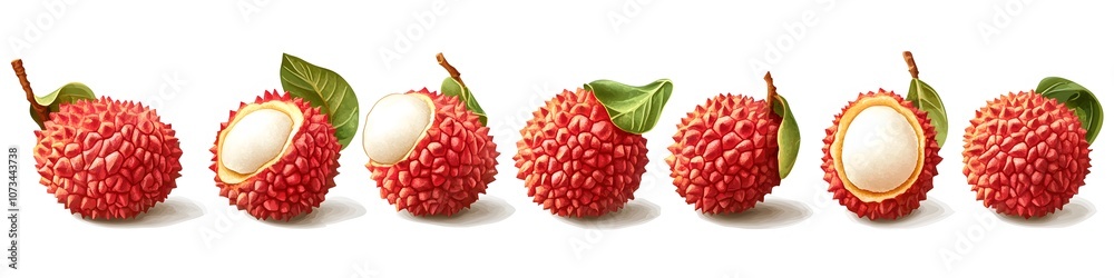 Poster Collection of tropical lychees, each with textured shells and white pulp exposed, displayed in a neat row on a seamless white background. Vector art, no shadows, 4k resolution, white background