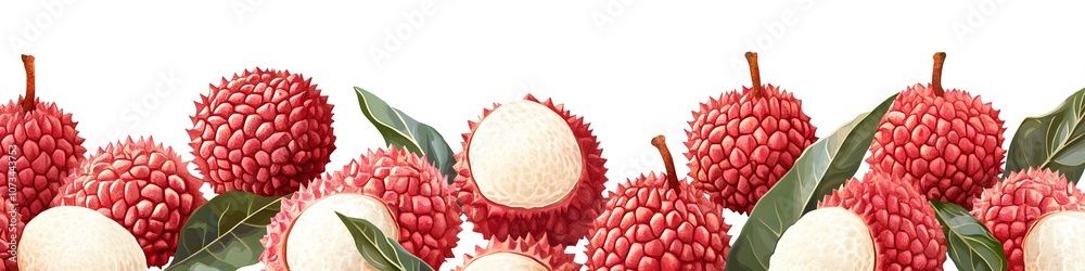 Poster Collection of tropical lychees, each with textured shells and white pulp exposed, displayed in a neat row on a seamless white background. Vector art, no shadows, 4k resolution, white background