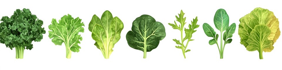 Fototapeta premium Assortment of leafy greens including spinach, kale, and lettuce, each with detailed textures, positioned side by side on a bright white background. Vector art, no shadows, 4k resolution, white
