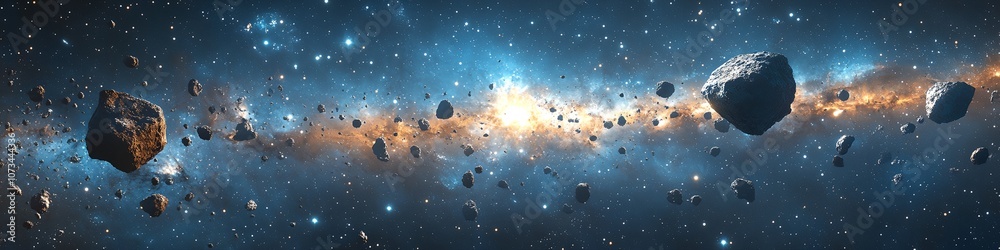 Poster a space scene with a large number of rocks and a few stars. the rocks are scattered throughout the s