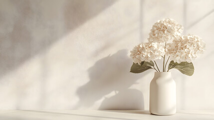 A vase of delicate white hydrangeas casts a soft shadow against a sunlit wall.