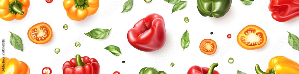 Poster Array of colorful bell peppers, arranged with some whole and others halved to showcase the seeds, positioned on a seamless white background. Vector art, no shadows, 4k resolution, white background