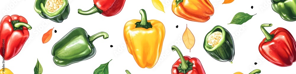 Poster Array of colorful bell peppers, arranged with some whole and others halved to showcase the seeds, positioned on a seamless white background. Vector art, no shadows, 4k resolution, white background