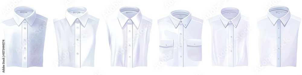 Aufkleber A collection of classic white button-down shirts in various collar styles, each neatly folded and arranged in a line on a white background. Vector art, no shadows, 4k resolution, white background