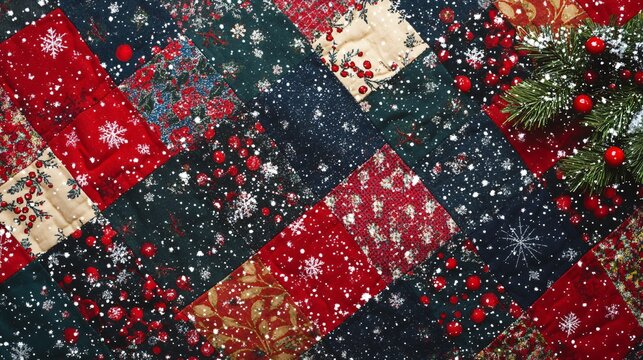 Christmas background with a patchwork quilt featuring festive colors and patterns, sprinkled with faux snow and cranberries
