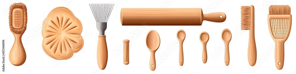 Poster A set of baking tools including a rolling pin, pastry brush, and measuring spoons, each tool positioned to showcase intricate details on a seamless white background. Vector art, no shadows, 4k