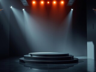 Futuristic dark podium with dramatic lighting and reflective background, presentation, illuminated