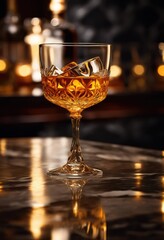 Obraz premium whiskey glass displayed polished reflective surface illuminated soft ambient lighting visual appeal, beverage, drink, reflection, ambiance, shine, style