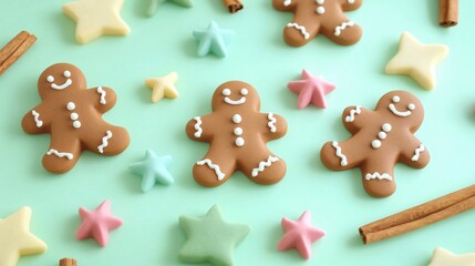 Christmas DIY scene with clay gingerbread men, felt stars, and cinnamon sticks, on a pastel green background