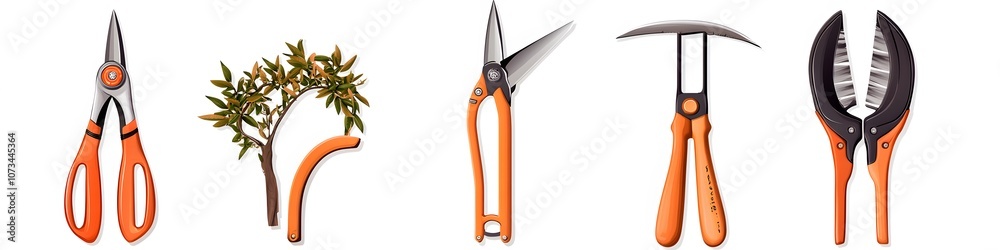 Poster a set of pruning tools including a lopper, hedge shears, and bypass pruners, each tool positioned to