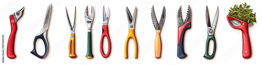 Poster A visually balanced collection of hand pruners, shears, and secateurs, each tool displayed with fine details on a seamless white background. Vector art, no shadows, 4k resolution, white background