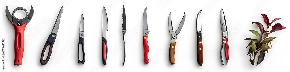 Poster A visually balanced collection of hand pruners, shears, and secateurs, each tool displayed with fine details on a seamless white background. Vector art, no shadows, 4k resolution, white background