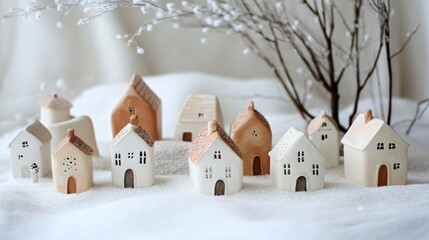 Naklejka premium DIY Christmas village in neutral tones, with miniature clay houses, set against a pale snowy backdrop