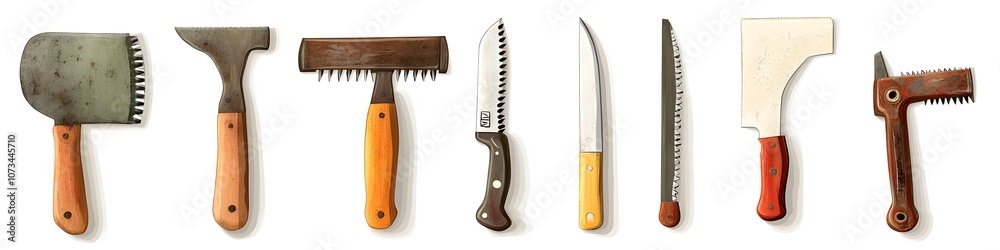 Poster array of hand saws, branch cutters, and pruning tools, each with unique blade designs, displayed in 