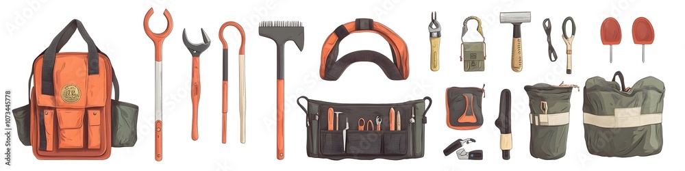 Poster display of garden tool organizers, including tool belts and storage bags, each arranged in a visuall