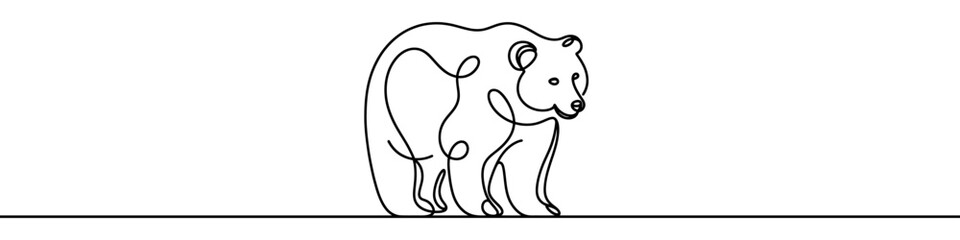 One continuous line illustration of a bear, isolated on white background. Line art of bear