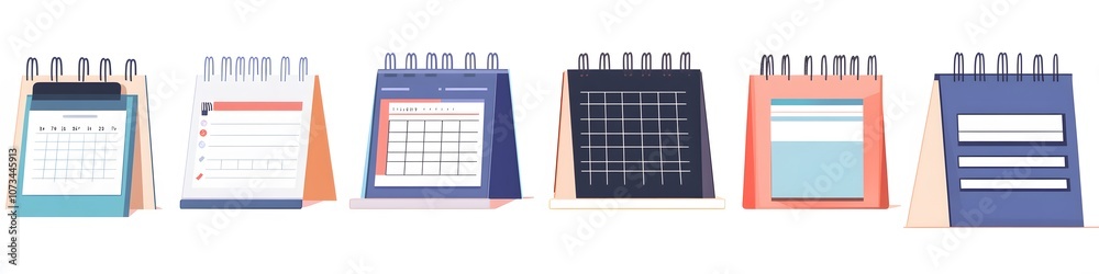 Poster Assortment of desk calendars and planners, each with unique layouts and styles, positioned side by side on a seamless white background. Vector art, no shadows, 4k resolution, white background